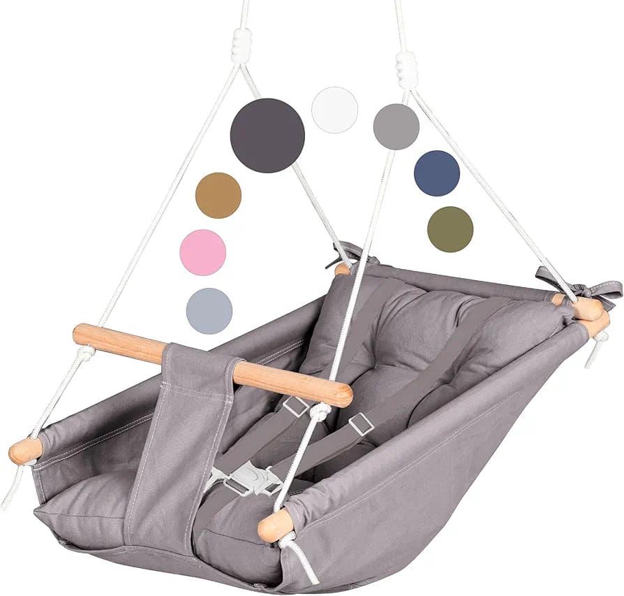 Canvas Kids Swing, Wooden Hanging Swing Seat Chair with Safety Belt, Durable Toddler Swing Chair, Outdoor and Indoor Swing for Kids,