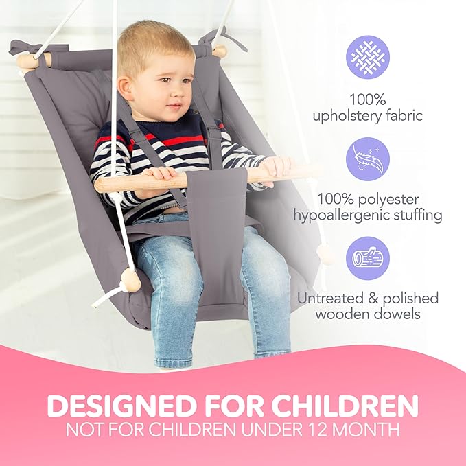 Canvas Kids Swing, Wooden Hanging Swing Seat Chair with Safety Belt, Durable Toddler Swing Chair, Outdoor and Indoor Swing for Kids,