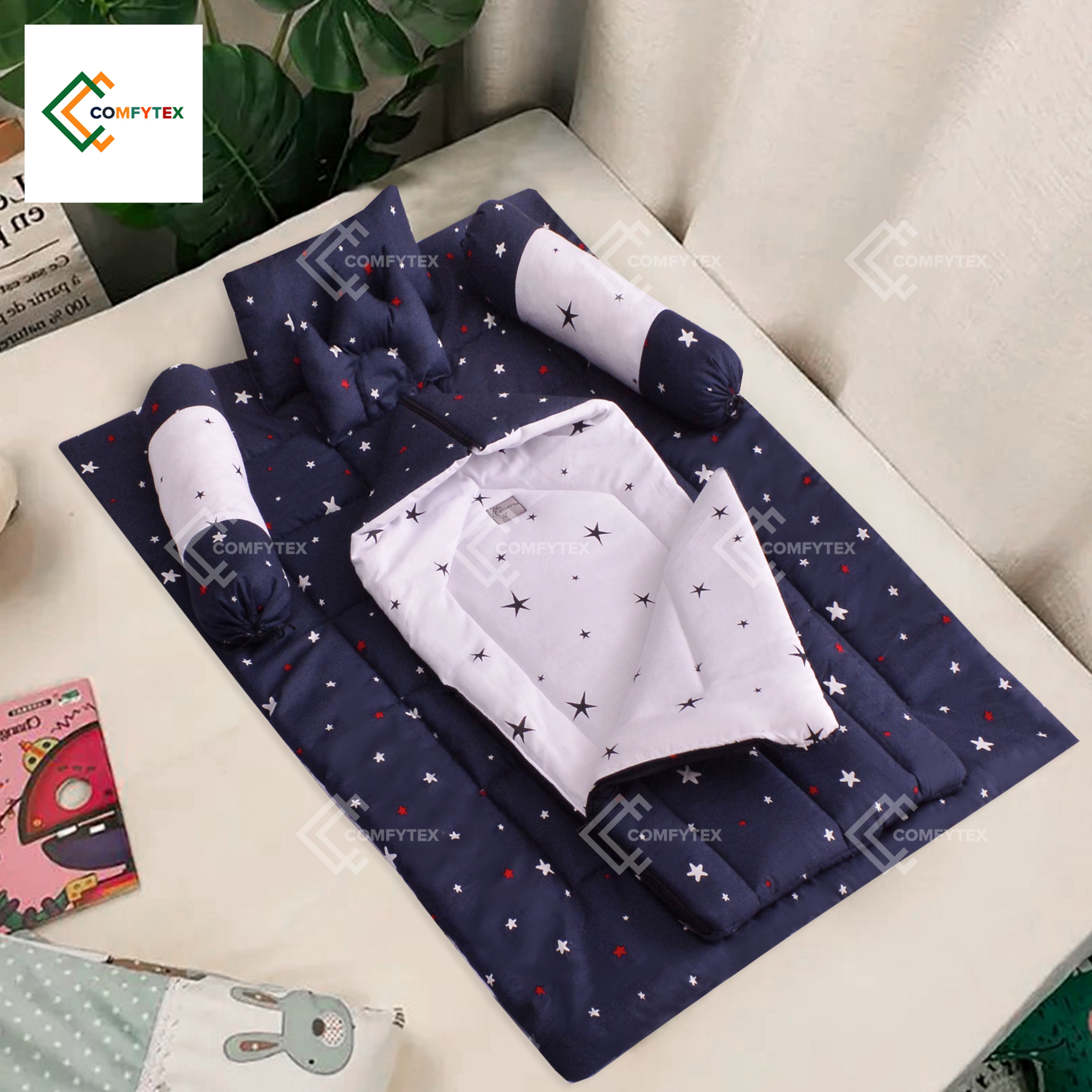 12 pieces Baby Gift Set ( Baby Cot ,Carry Nest , Bister Set And  playing Nest  With Pillow And 2 Neck Roll )