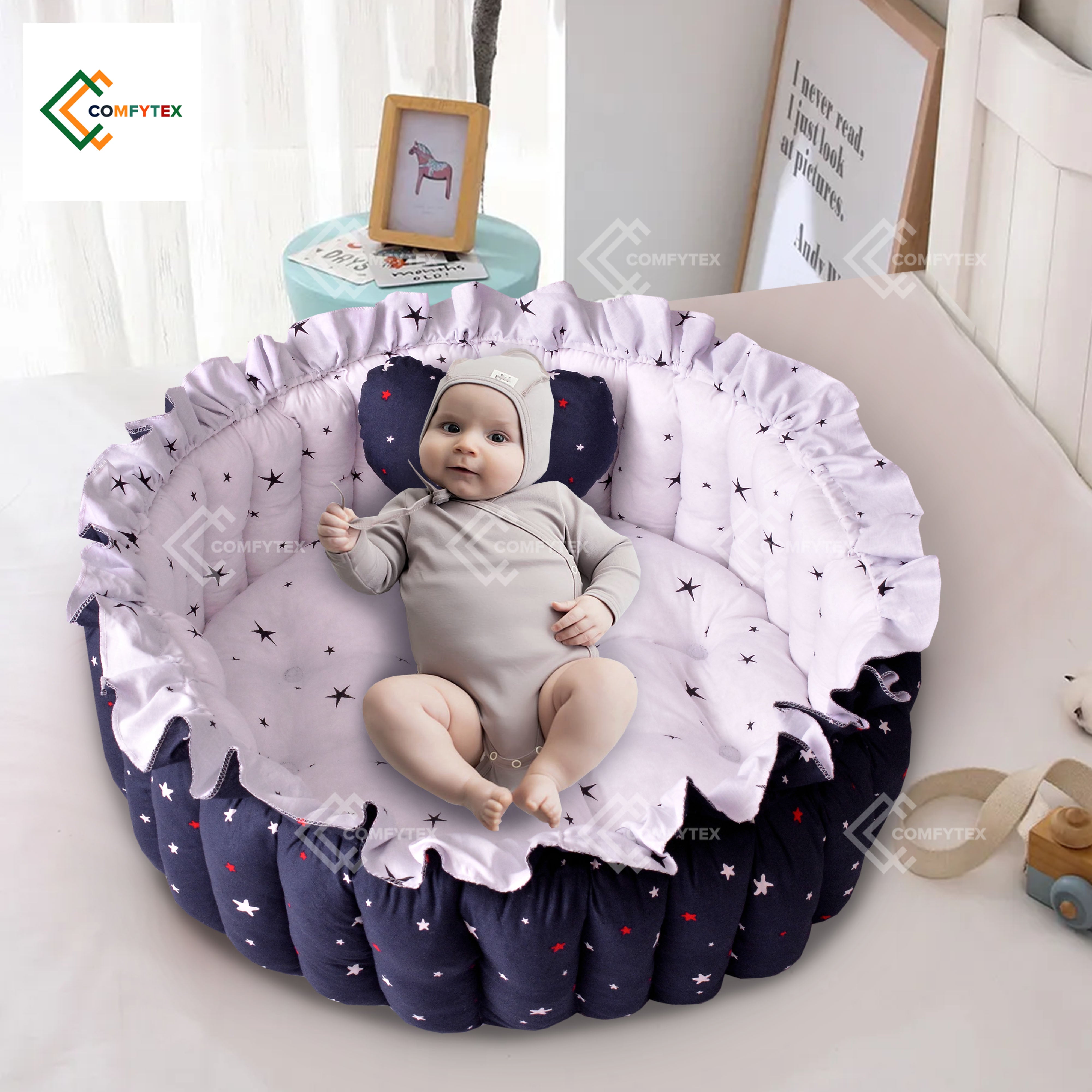 12 pieces Baby Gift Set ( Baby Cot ,Carry Nest , Bister Set And  playing Nest  With Pillow And 2 Neck Roll )