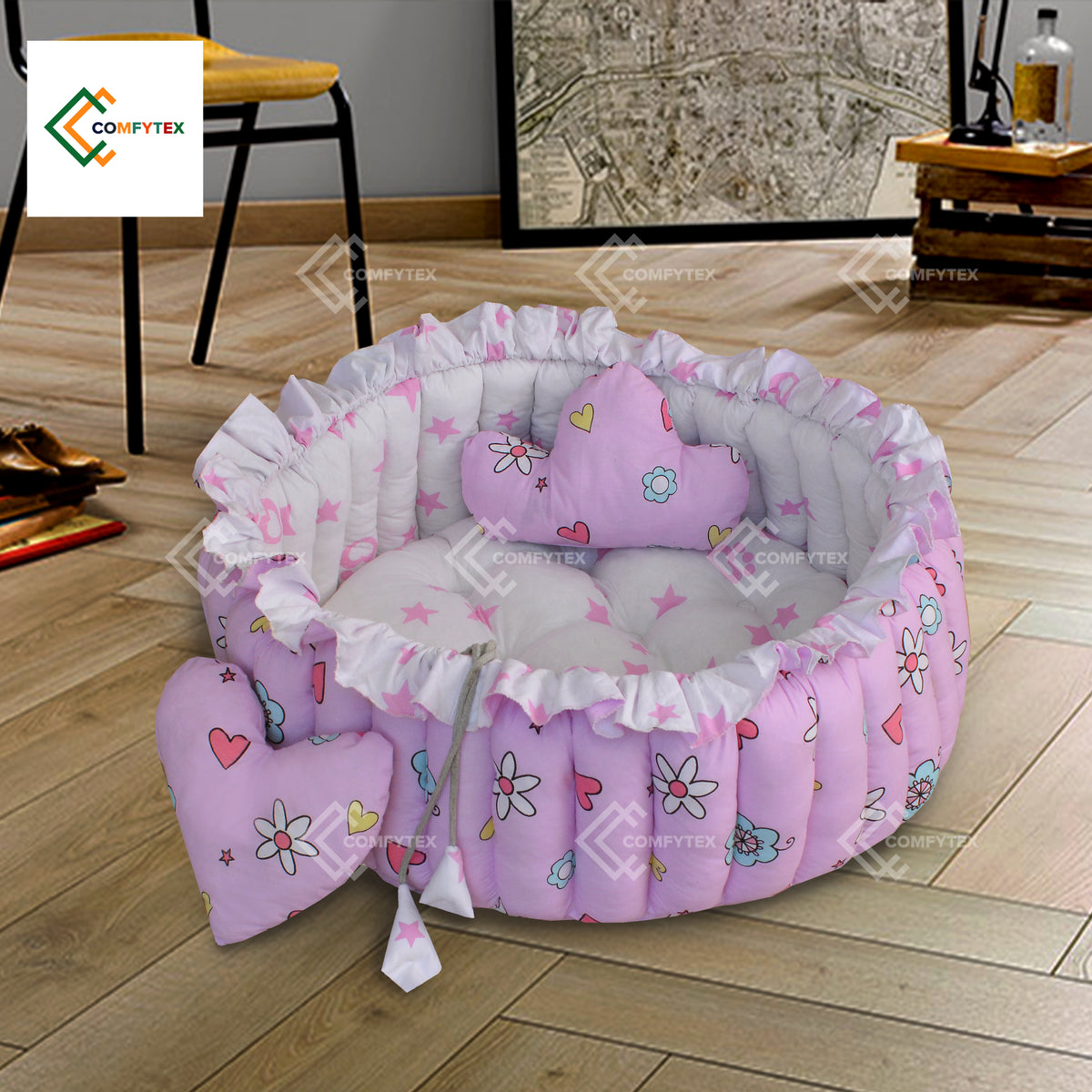 Baby Cot And Play Mat Round With Pillow AND 2 Neck Roll ( 4 Pieces Set )