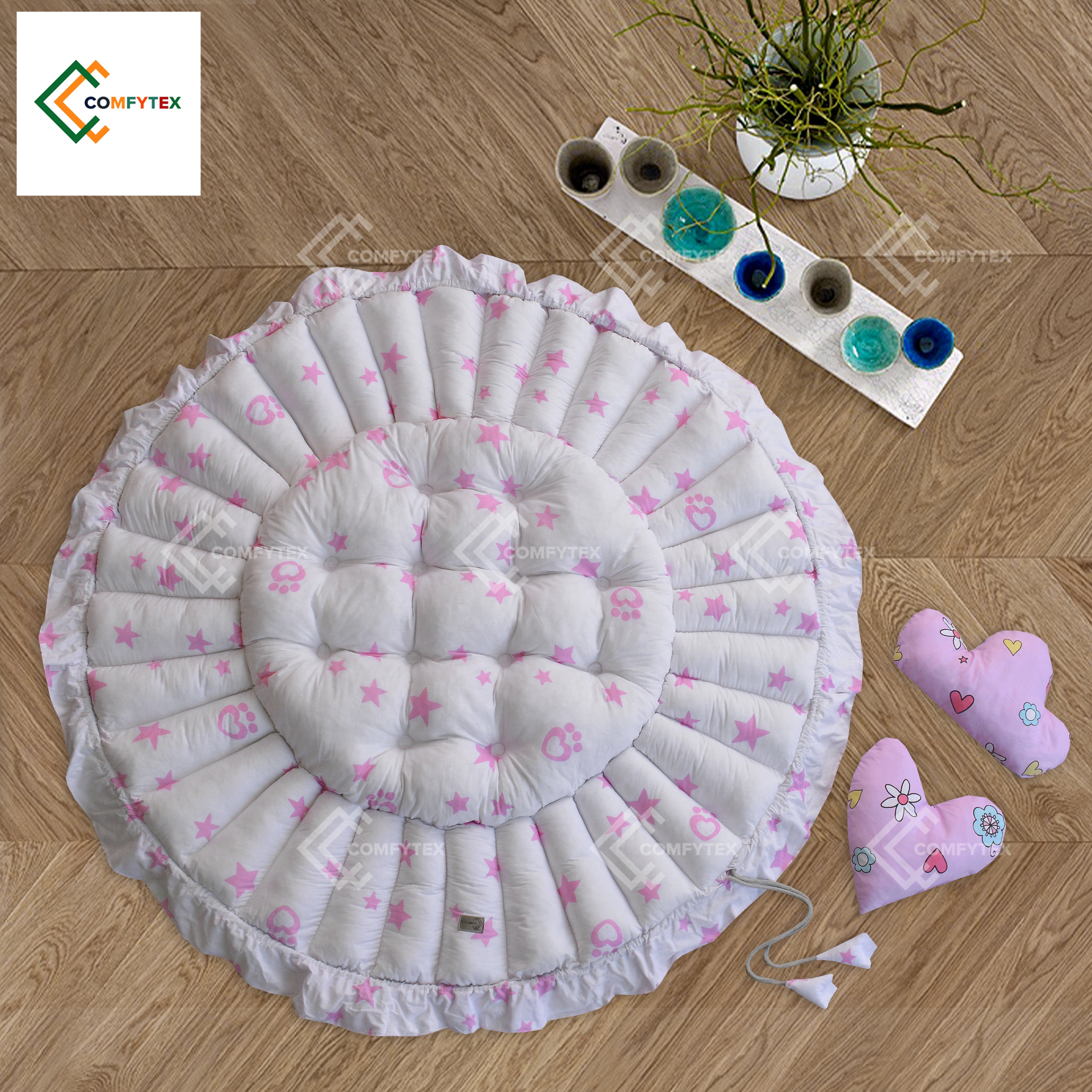 Baby Cot And Play Mat Round With Pillow AND 2 Neck Roll ( 4 Pieces Set )