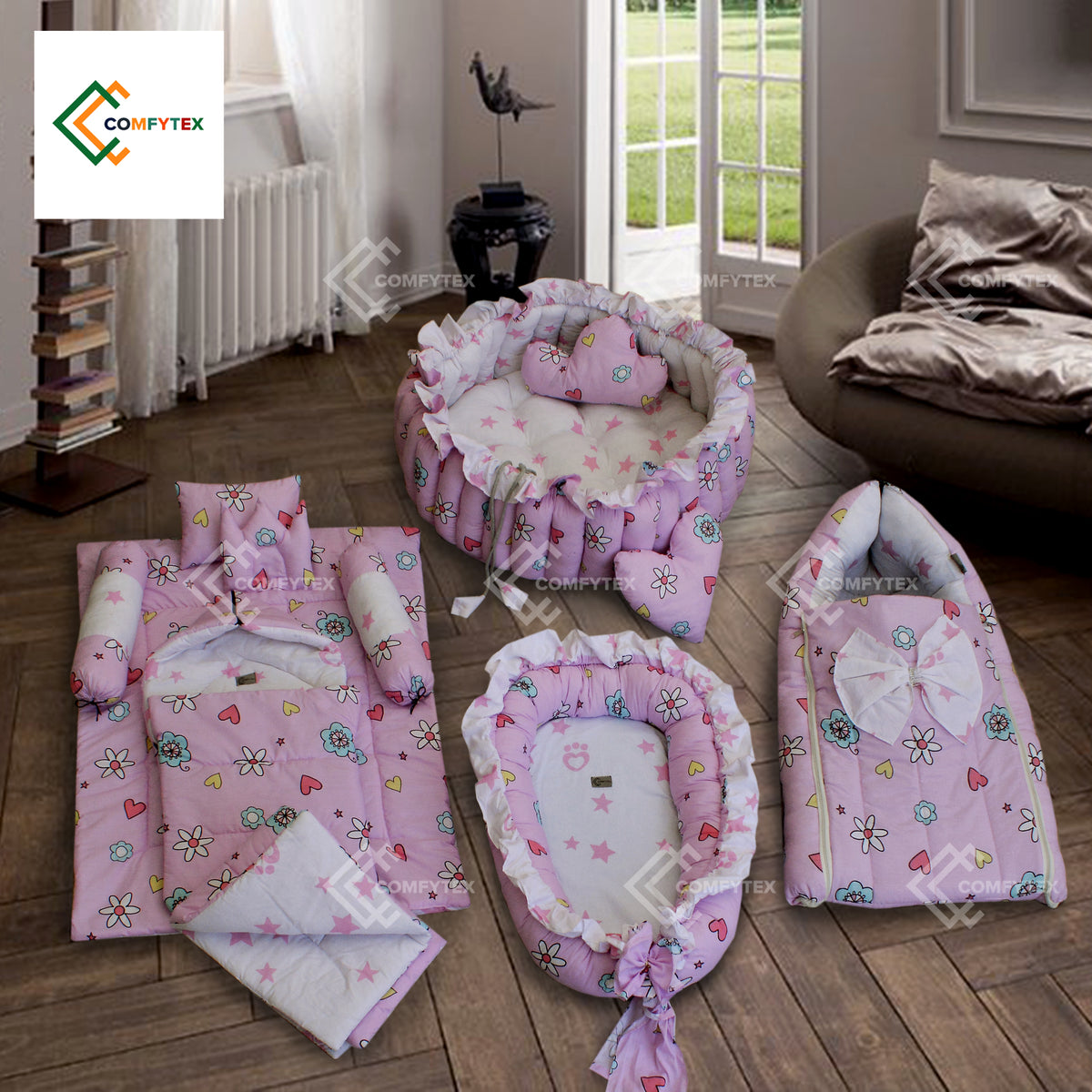 12 pieces Baby Gift Set ( Baby Cot ,Carry Nest , Bister Set And  playing Nest  With Pillow And 2 Neck Roll )