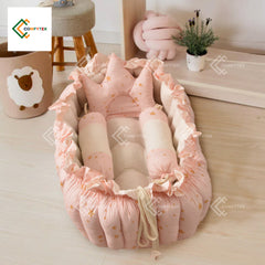 BIG BABY NEST, Filled with Ball Fiber ( PEACH STARS ) In 100% Cotton  With 3 Pillows