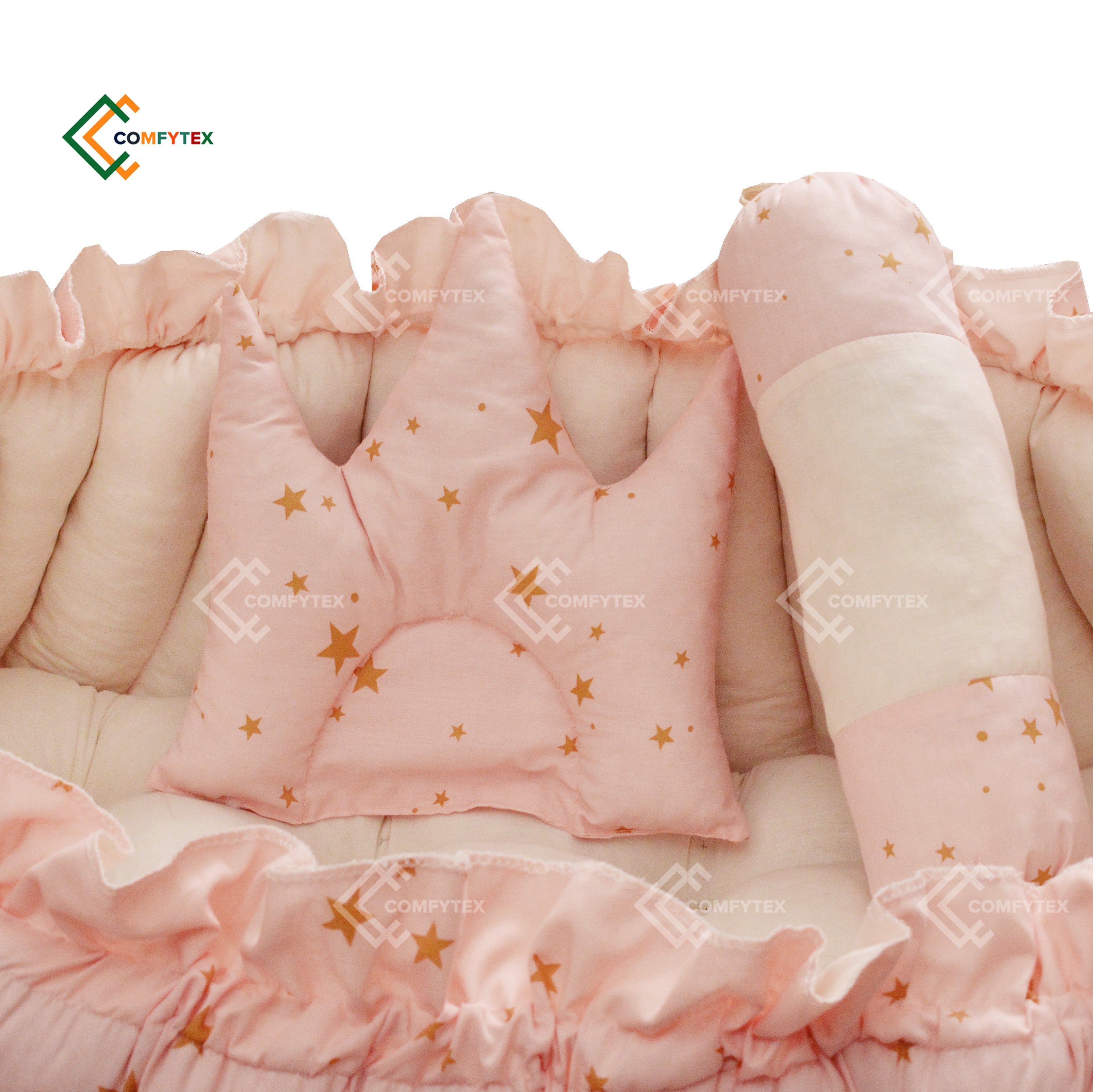 BIG BABY NEST, Filled with Ball Fiber ( PEACH STARS ) In 100% Cotton  With 3 Pillows