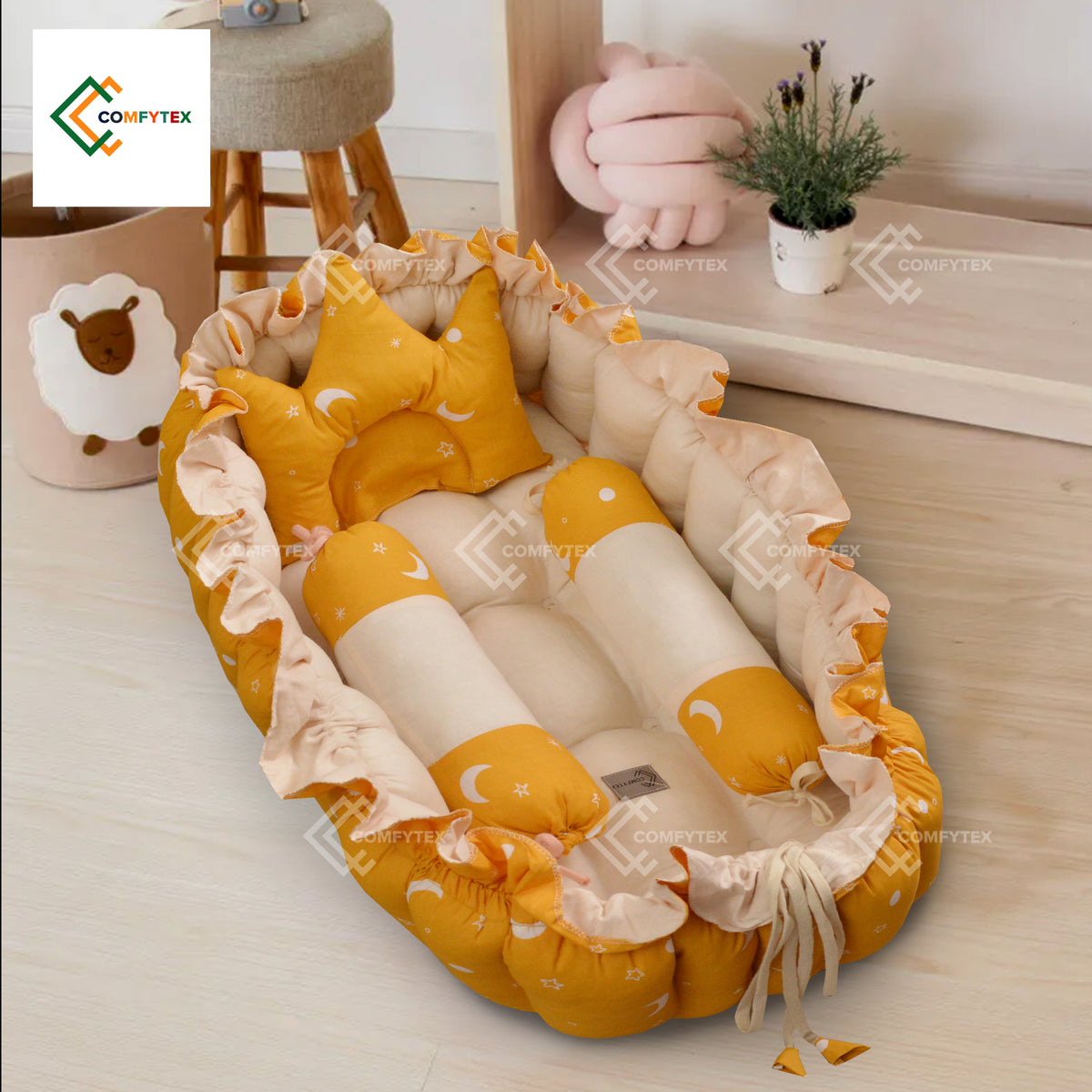 BIG BABY NEST, Filled with Ball Fiber ( Mustered Printed  ) In 100% Cotton  With 3 Pillows