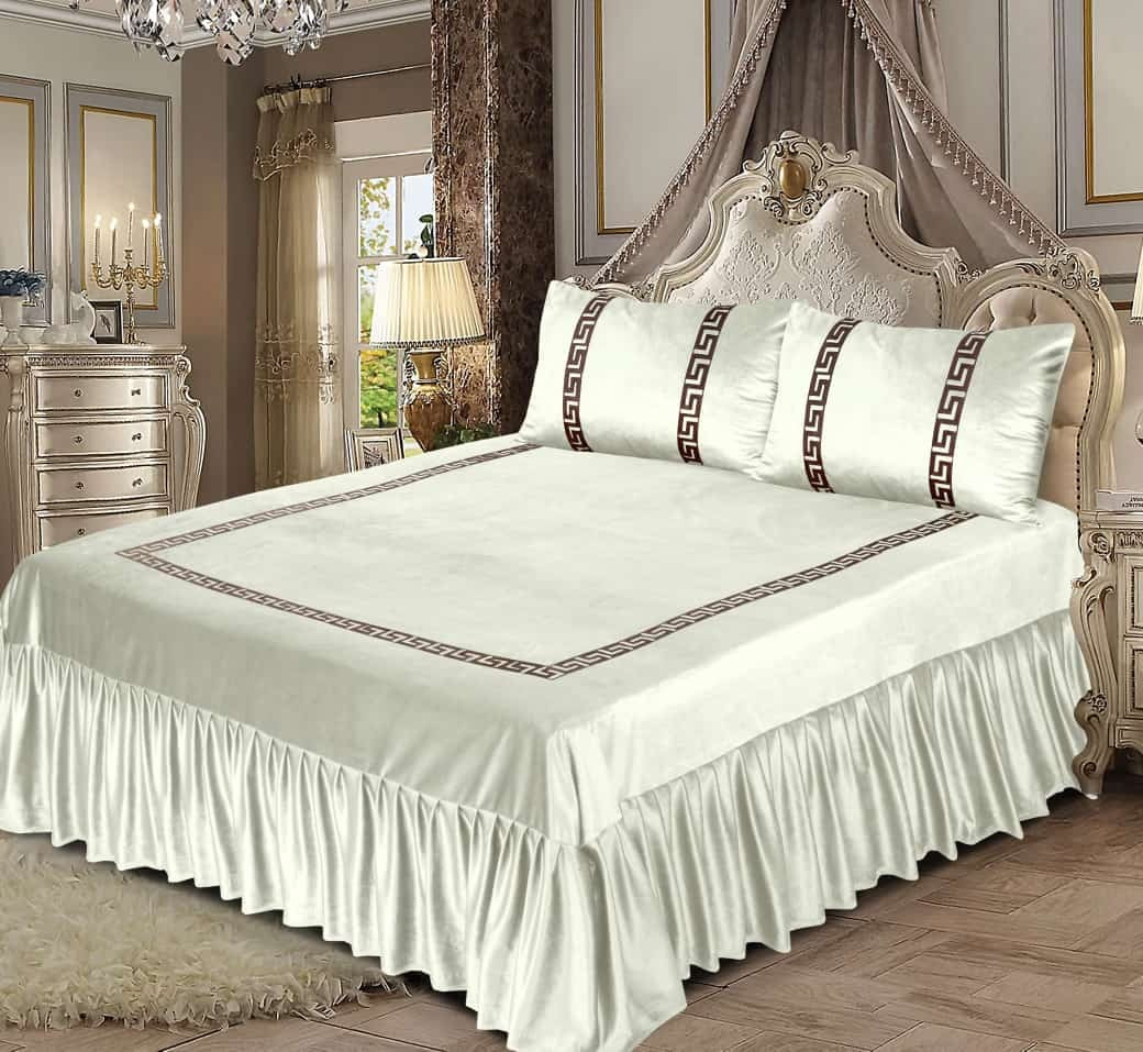 3Pcs Emboss Velvet Bedsheet -White