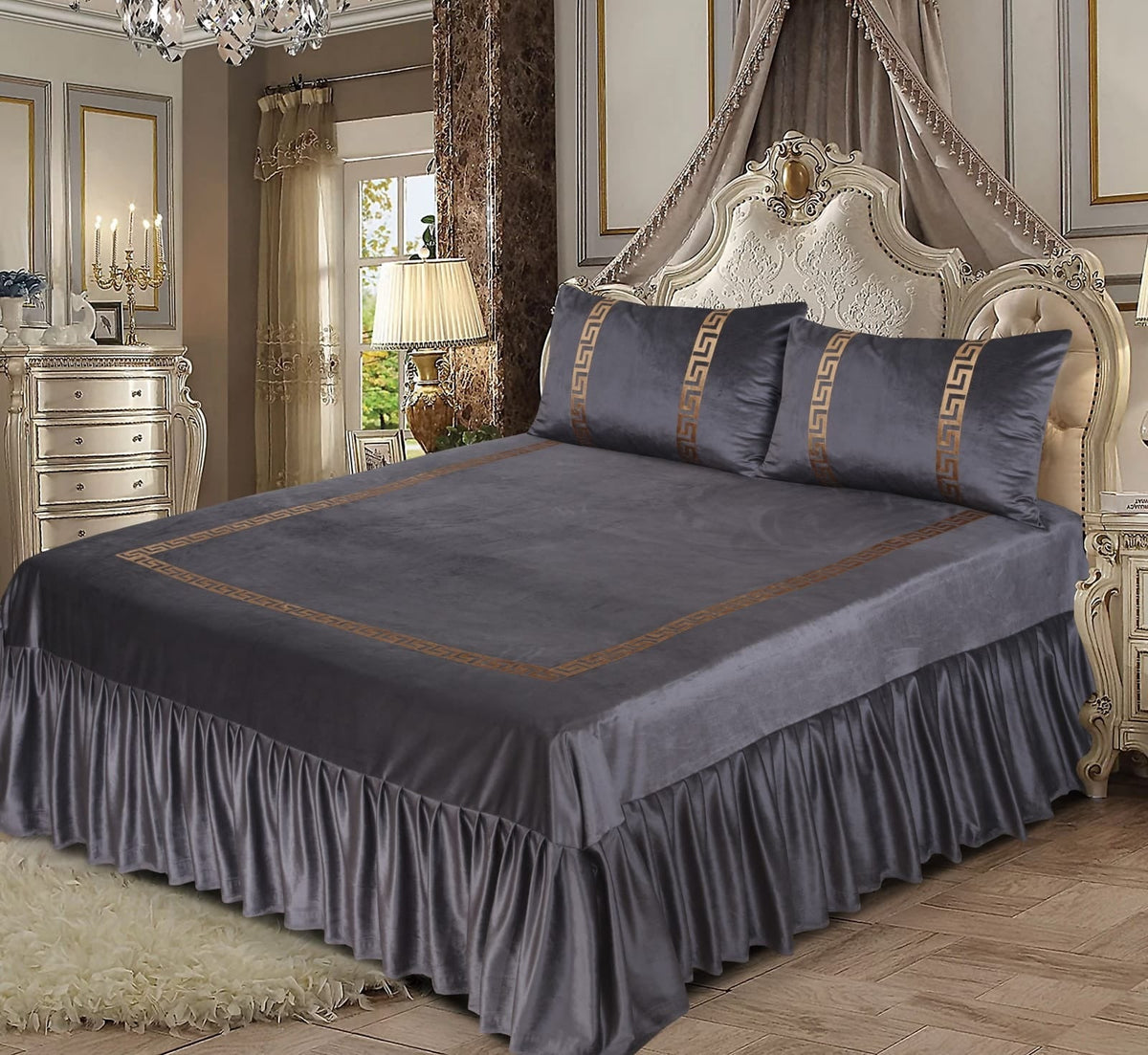 3Pcs Emboss Velvet Bedsheet -Gray