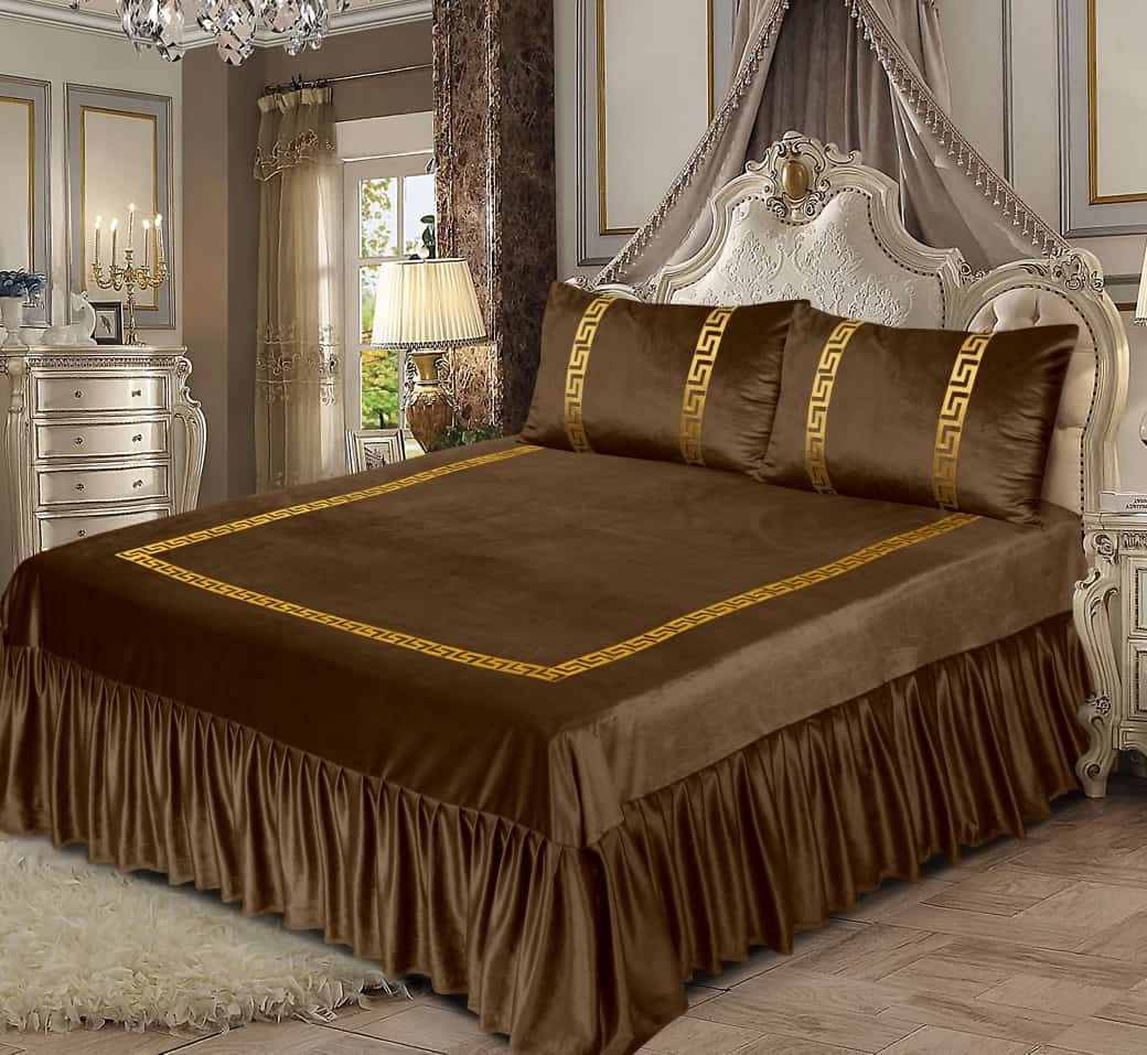 3Pcs Emboss Velvet Bedsheet -Brown