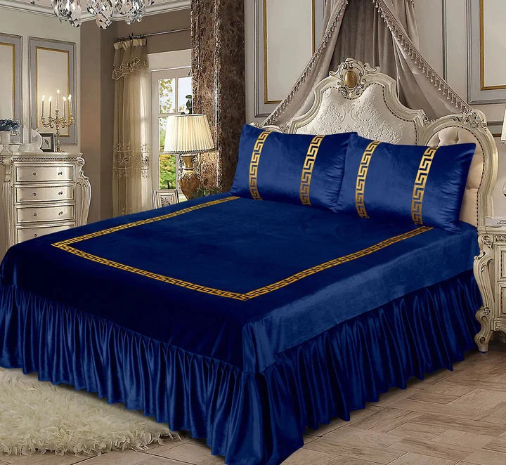 3Pcs Emboss Velvet Bedsheet -Blue