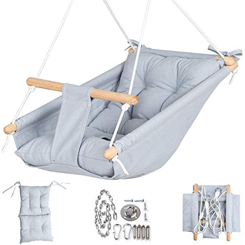 Canvas Kids Swing, Wooden Hanging Swing Seat Chair with Safety Belt, Durable Toddler Swing Chair, Outdoor and Indoor Swing for Kids,