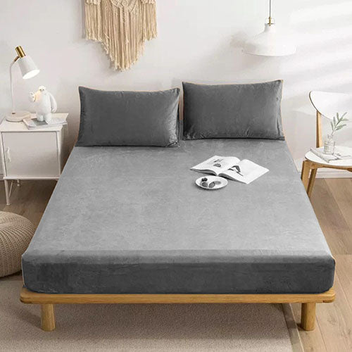 Premium Velvet Fitted Bed Sheet (Light Gray)