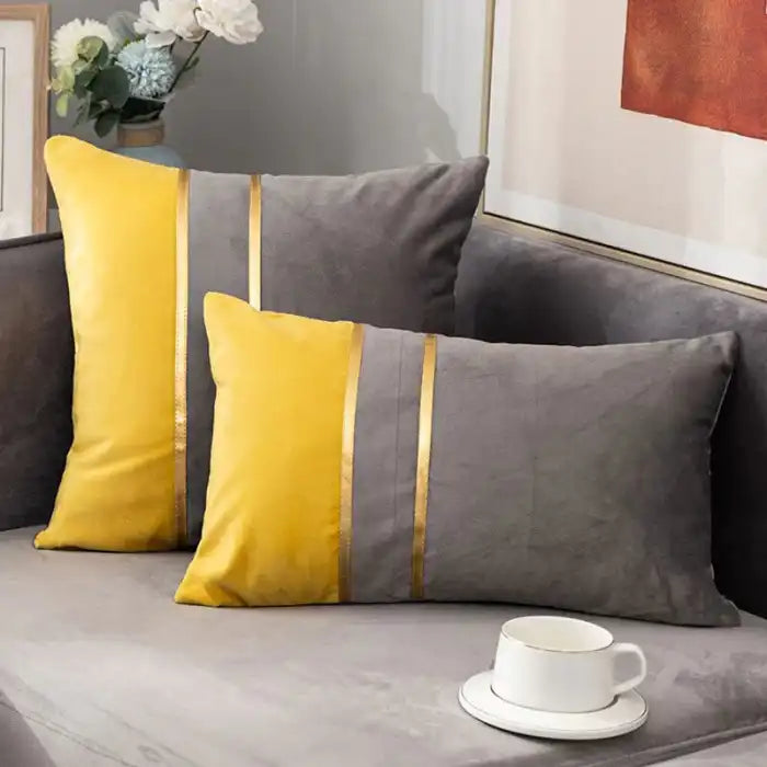 2 Pcs Velvet Luxury Cushion-Mustard & Grey