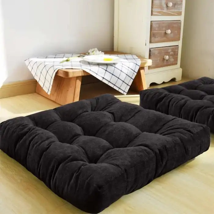 2 Square Velvet Floor Cushion Pair Black Bedding