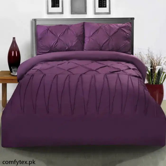 3 Pcs Pintuck & Cross Pleated Duvet Set - Violet