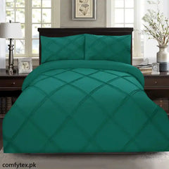 3 Pcs Row Cross Pleated Duvet Set -Dark Green