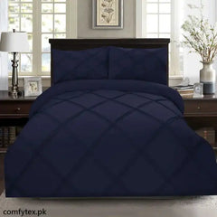 3 Pcs Row Cross Pleated Duvet Set - Navy