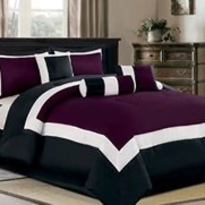 8 Pcs Beautiful Black Purple Duvet Bed Sheet Set Bedding