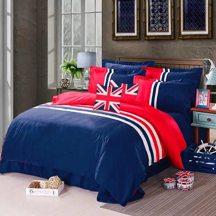 8 Pcs Beautiful Oxford Duvet Bed Sheet Set Blue Red Sheet