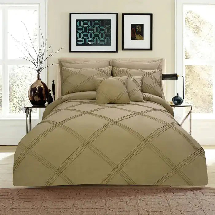 Cross Pleated Duvet Set - Beige Bedding