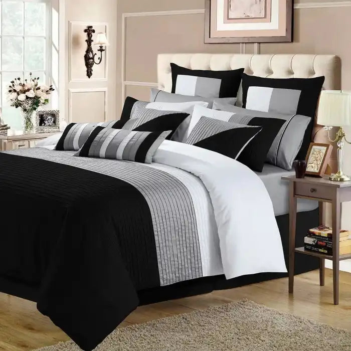 Embellish Horizontal Pleats Duvet Set Black White Gray Bedding