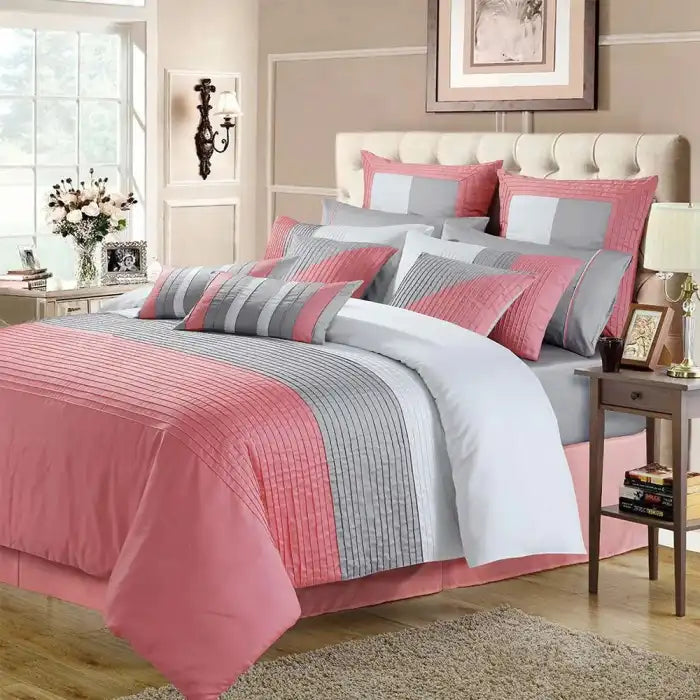 Embellish Horizontal Pleats Duvet Set Pink White Gray Bedding