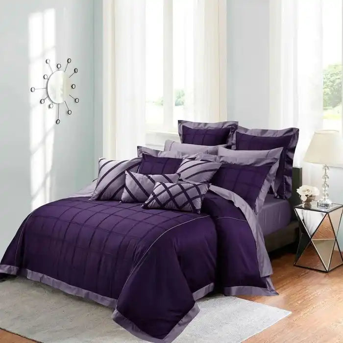 Embellish Horizontal Pleats Duvet Set Purple Gray Bed Sheet Set