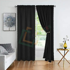 Velvet Curtains With Pom Lace Black