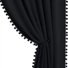 Velvet Curtains With Pom Lace Black