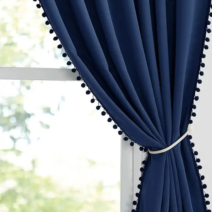 Velvet Curtains With Pom Lace Dark Blue Curtains