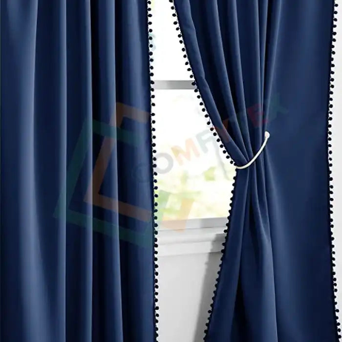 Velvet Curtains With Pom Lace Dark Blue Curtains