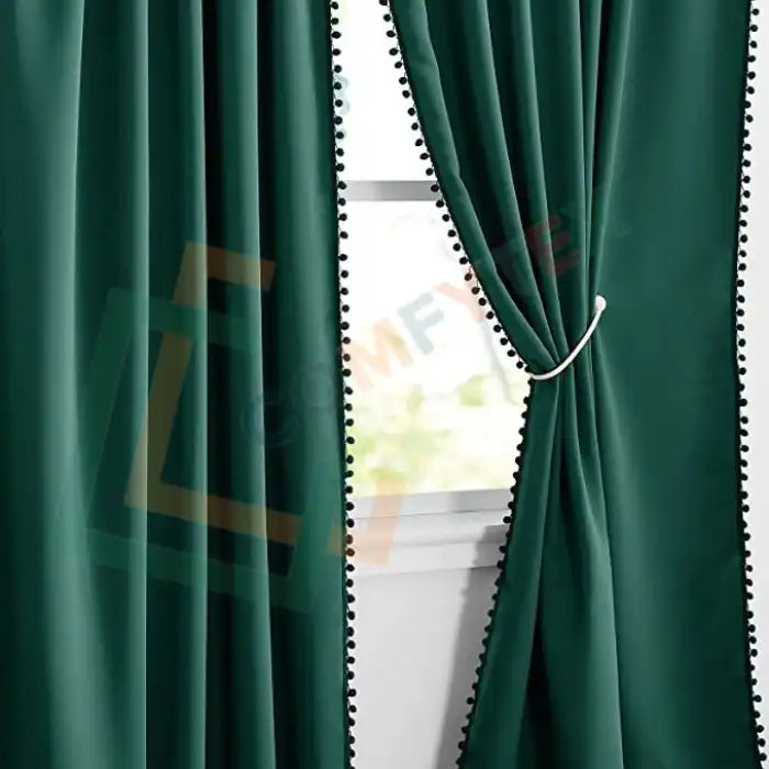 Velvet Curtains With Pom Lace Dark Green Curtains