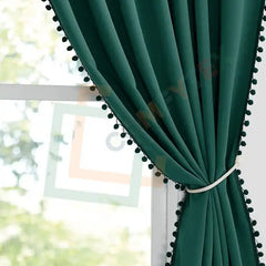 Velvet Curtains With Pom Lace Dark Green Curtains